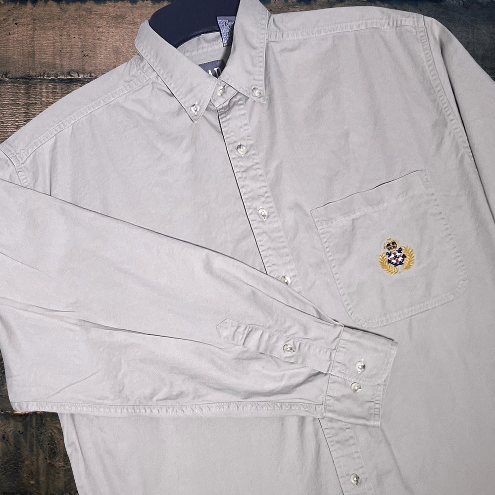 Vintage Gap Khaki Long Sleeve Button Down Shirt Size L Khaki Embroidered Y2K 90s
